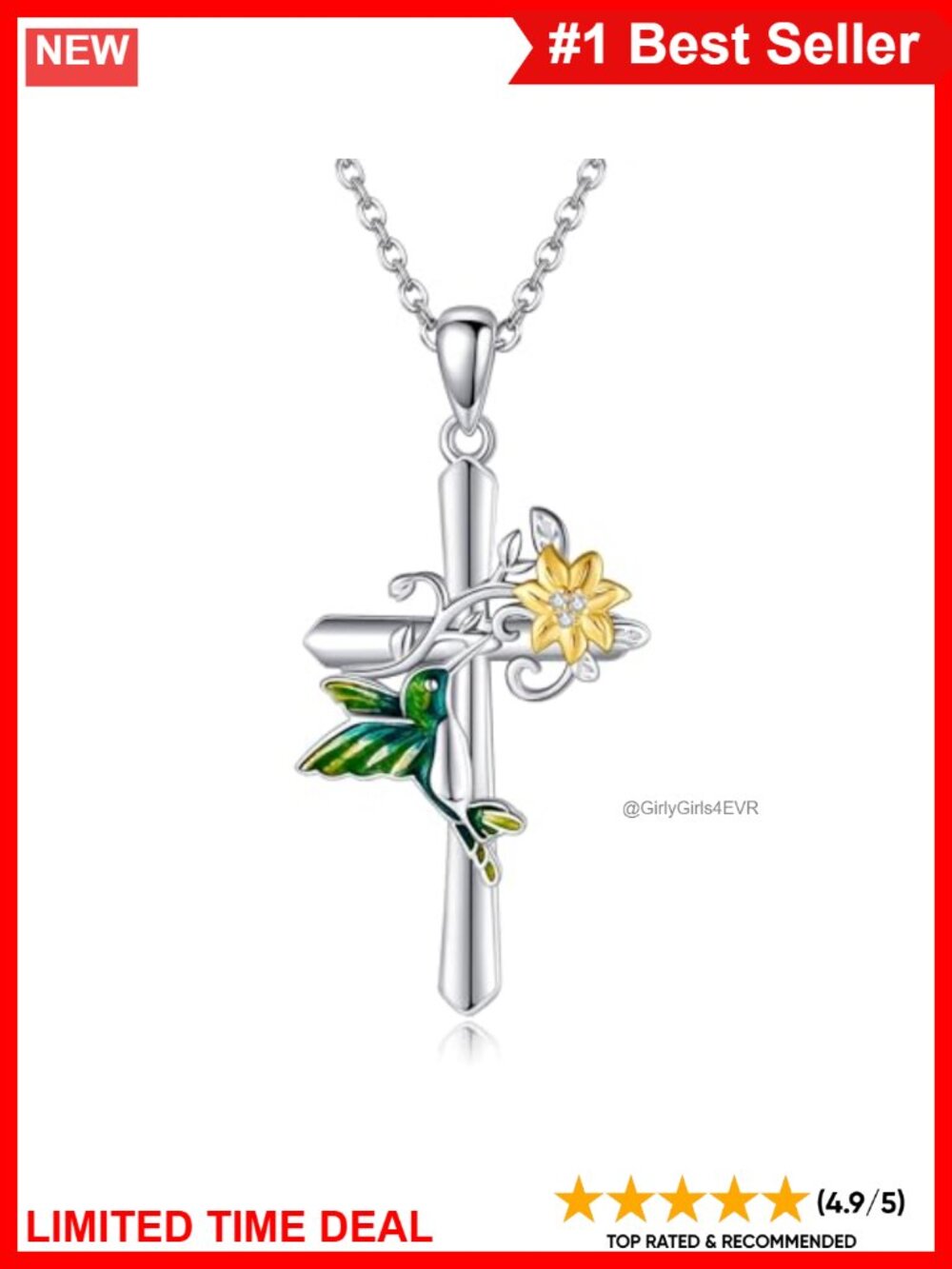 S925 Sterling Silver Hummingbird Cross Pendant Necklace Faith Jewelry Gift